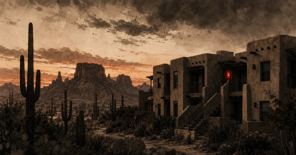 Desert mesas at dusk behind an adobe-style apartment complex, with one small red glowing window.