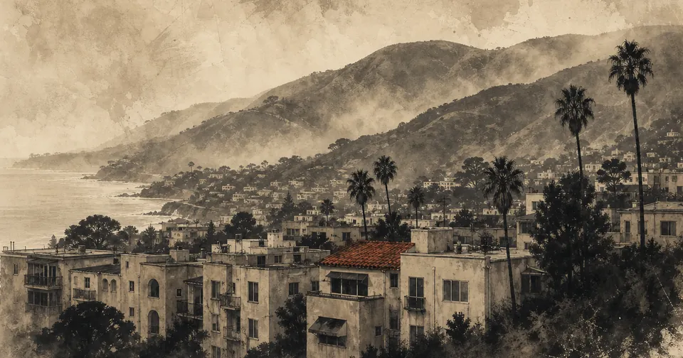 Misty coastal hills above low-rise stucco apartment buildings and palm trees, with a single small red roof.