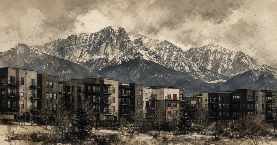 Snow-dusted Front Range mountains rising behind a cluster of apartment blocks, with a single small red window.