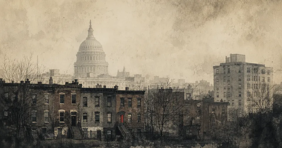 A moody ink-and-wash illustration of a generic neoclassical dome in haze behind brick row-house apartment blocks.