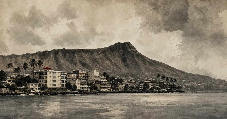 A moody ink-and-wash illustration of a volcanic ridgeline above the ocean with low-rise coastal apartment buildings and palms.