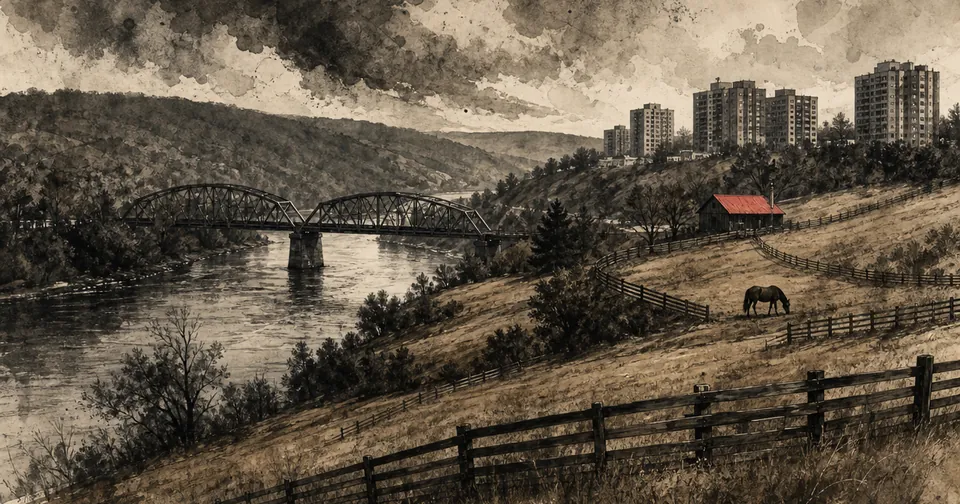 A quiet river with a steel truss bridge, rolling horse-country hills and a few apartment blocks, drawn in sepia ink wash with one small red accent.