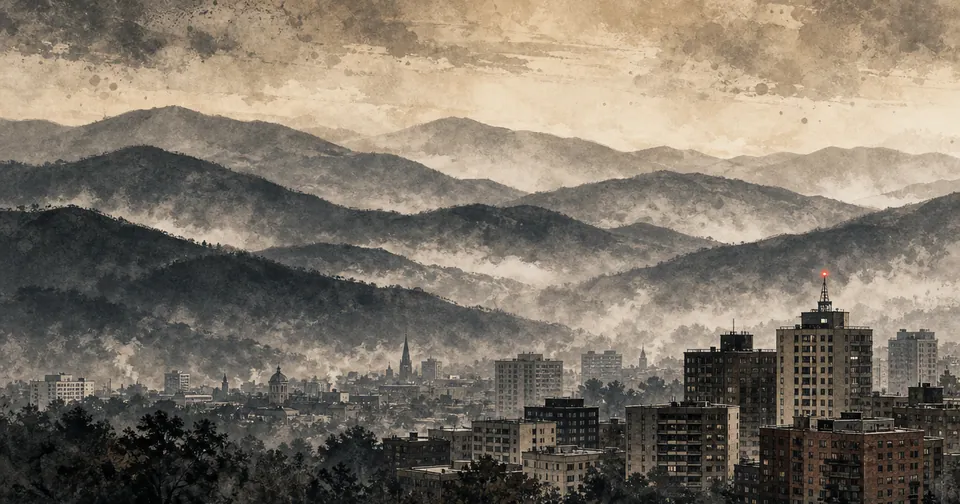 Misty Blue Ridge foothills fading into a mid-rise city skyline with apartment buildings, drawn in sepia ink wash with one small red accent.