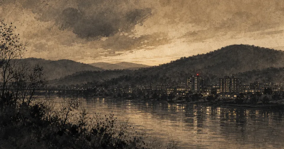 A moody ink-and-wash illustration of Tennessee hills and a river at dusk with a small city skyline and mid-rise apartment buildings.