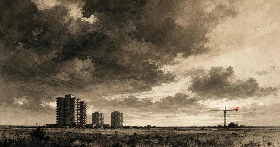 A flat Texas horizon under heavy clouds with apartment towers and a distant construction crane carrying one small red light.
