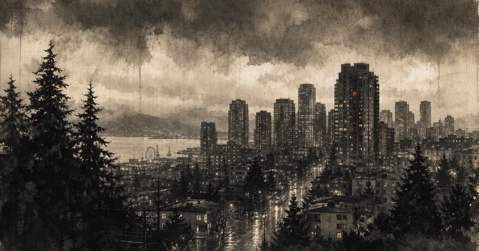 A rainy Pacific Northwest skyline of evergreens and apartment towers under low cloud, drawn in sepia ink wash with one small red accent.