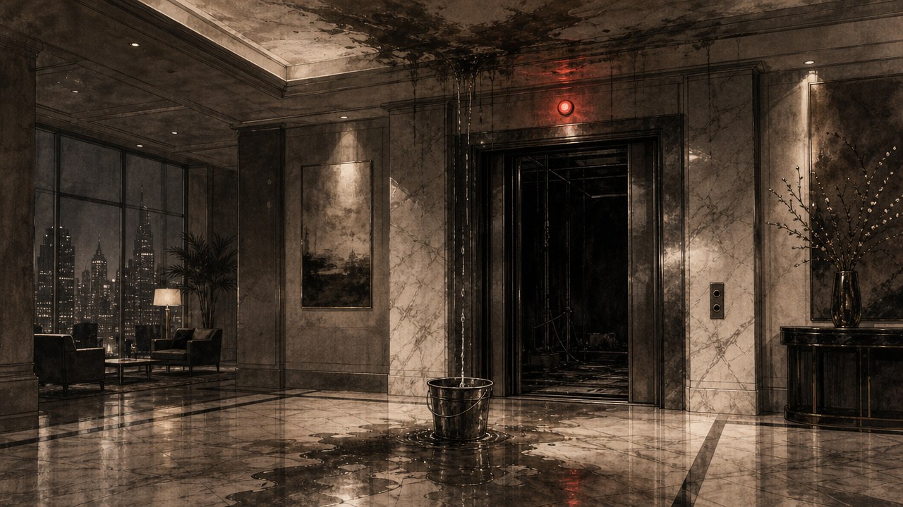 The lobby of a sleek high-rise with an elevator stuck open and dark, a bucket catching drips from a stained ceiling and a single red warning light above the doors, in sepia ink-wash style.