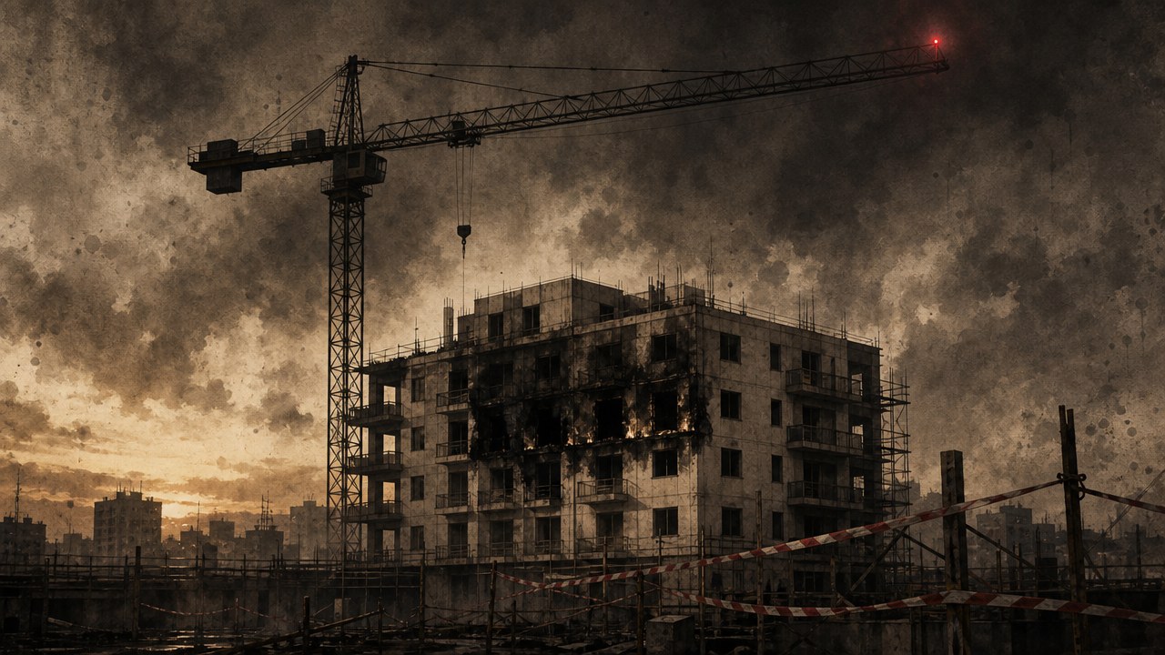 A tall construction crane silhouetted against a smoky dusk sky above a mid-rise apartment building with scorched windows, caution tape in the foreground and one red warning light, in sepia ink-wash style.
