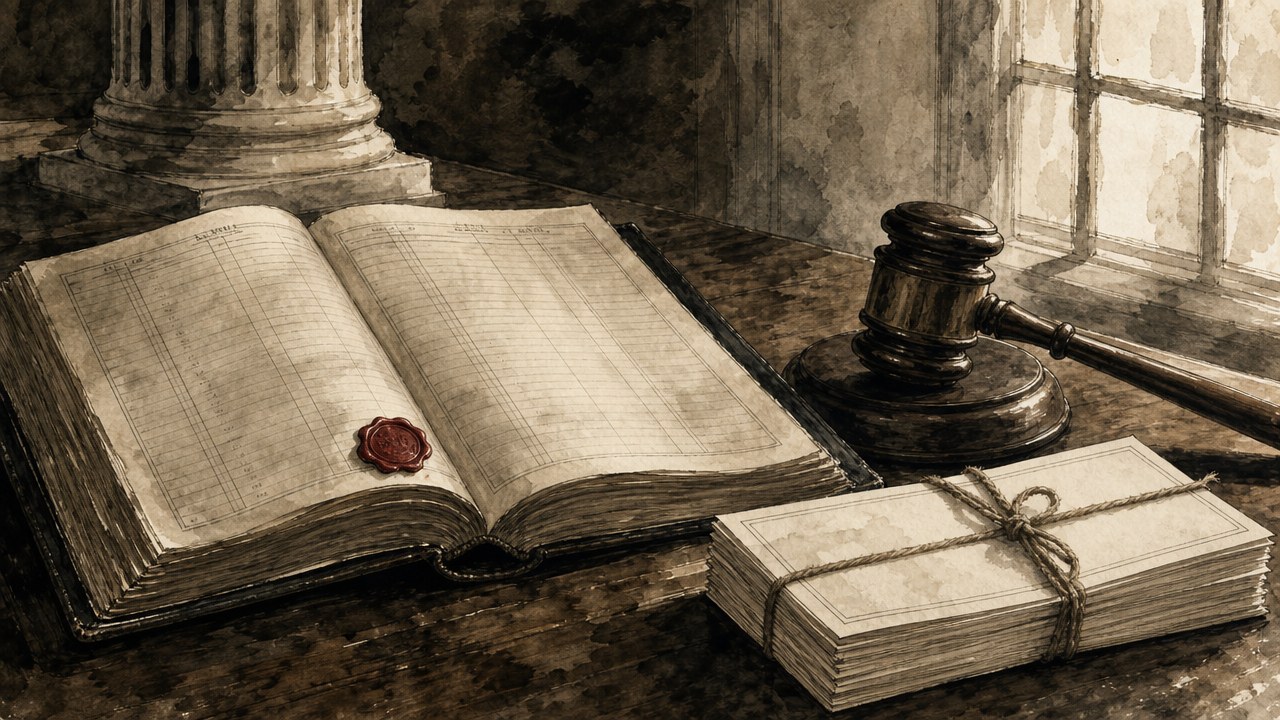 A heavy open ledger on a courtroom table beside a wooden gavel and a bundle of blank checks tied with string, a small red wax seal on the ledger, in sepia ink-wash style.