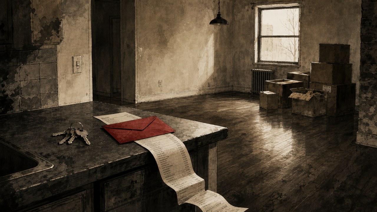 An empty apartment living room with stacked moving boxes by a bare window, a ring of keys on a counter beside a long itemized bill curling toward the floor, a red envelope on top, in sepia ink-wash style.