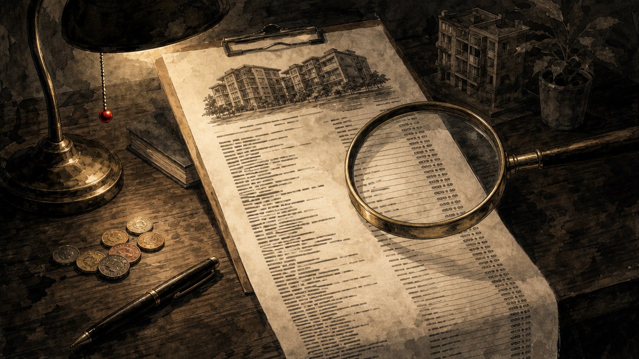 An apartment lease on a desk with a long column of tiny itemized charges running off the page, a magnifying glass over it, coins and a pen nearby, in sepia ink-wash style with one red accent.