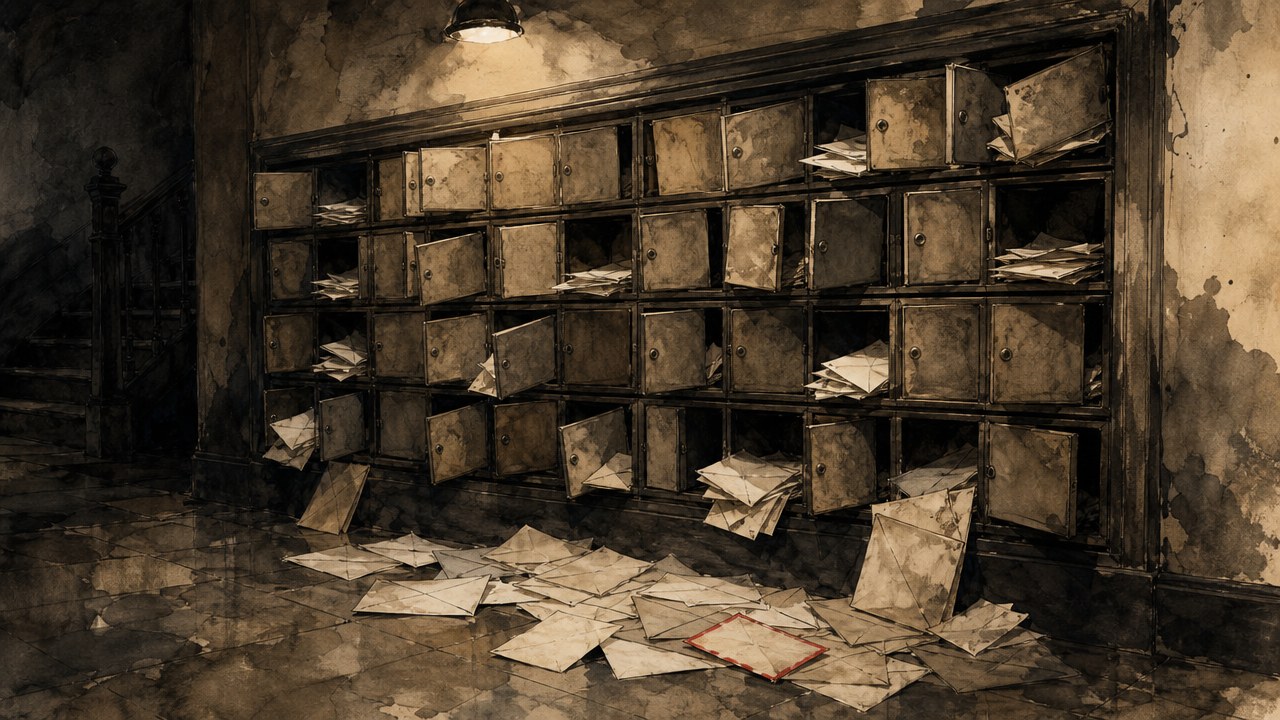 A wall of apartment mailboxes in a dim lobby, many little doors ajar with handwritten letters spilling onto the floor, one envelope with a red edge, in sepia ink-wash style.