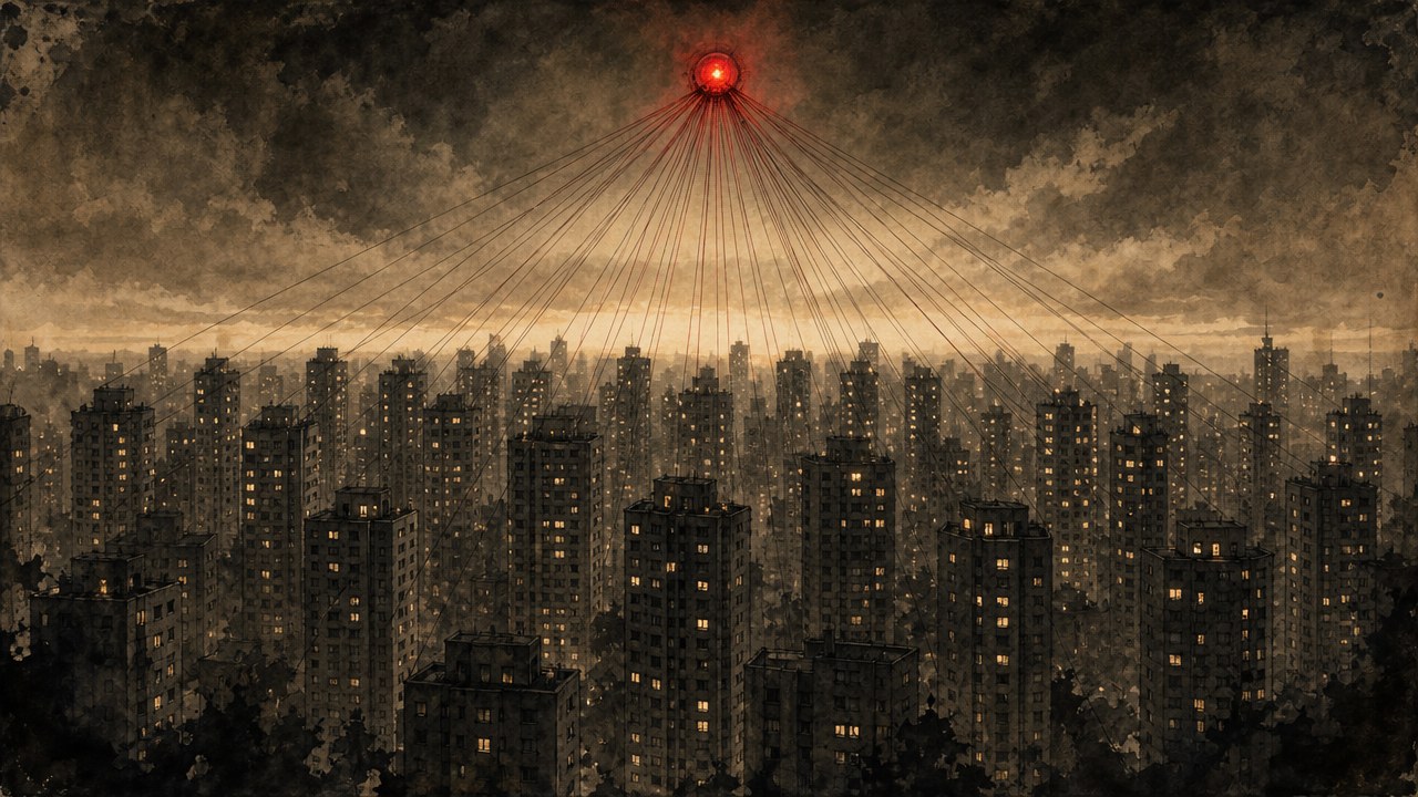 A dense skyline of apartment towers at dusk with fine threads running from lit windows up to a single glowing red node above the city, in sepia ink-wash style.