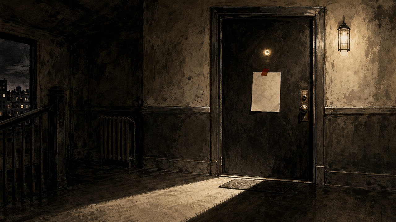 The front door of an apartment at night with a blank notice sheet taped to it, a long shadow across the hallway floor and a red strip of tape on the notice, in sepia ink-wash style.