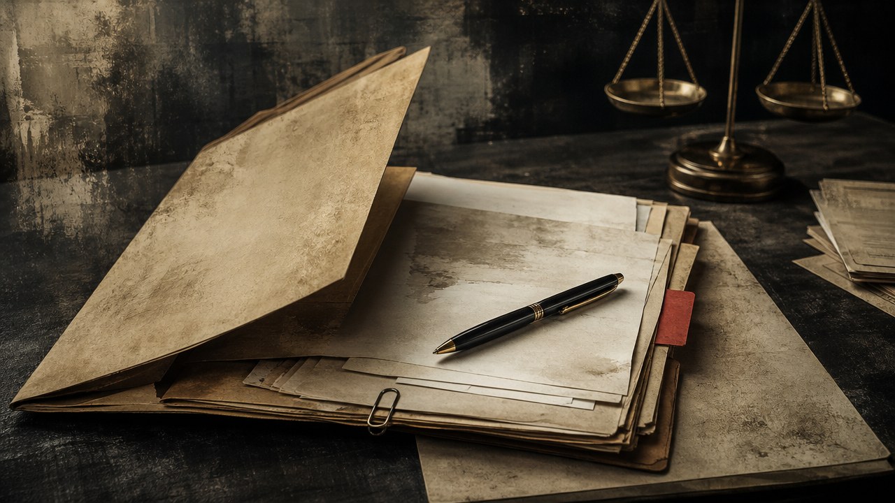 A manila case file half open on a dark desk with loose pages, a paperclip, an unsigned document with a pen across it and a small brass balance scale out of focus behind, one red file tab, in sepia ink-wash style.