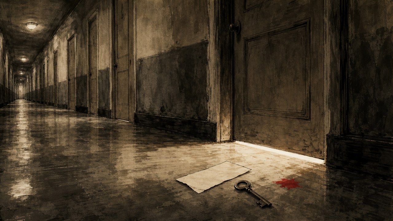 A long dim apartment corridor of closed doors with a blank paper slip and a single key on the floor in front of one shut door, a small red mark beside it, in sepia ink-wash style.
